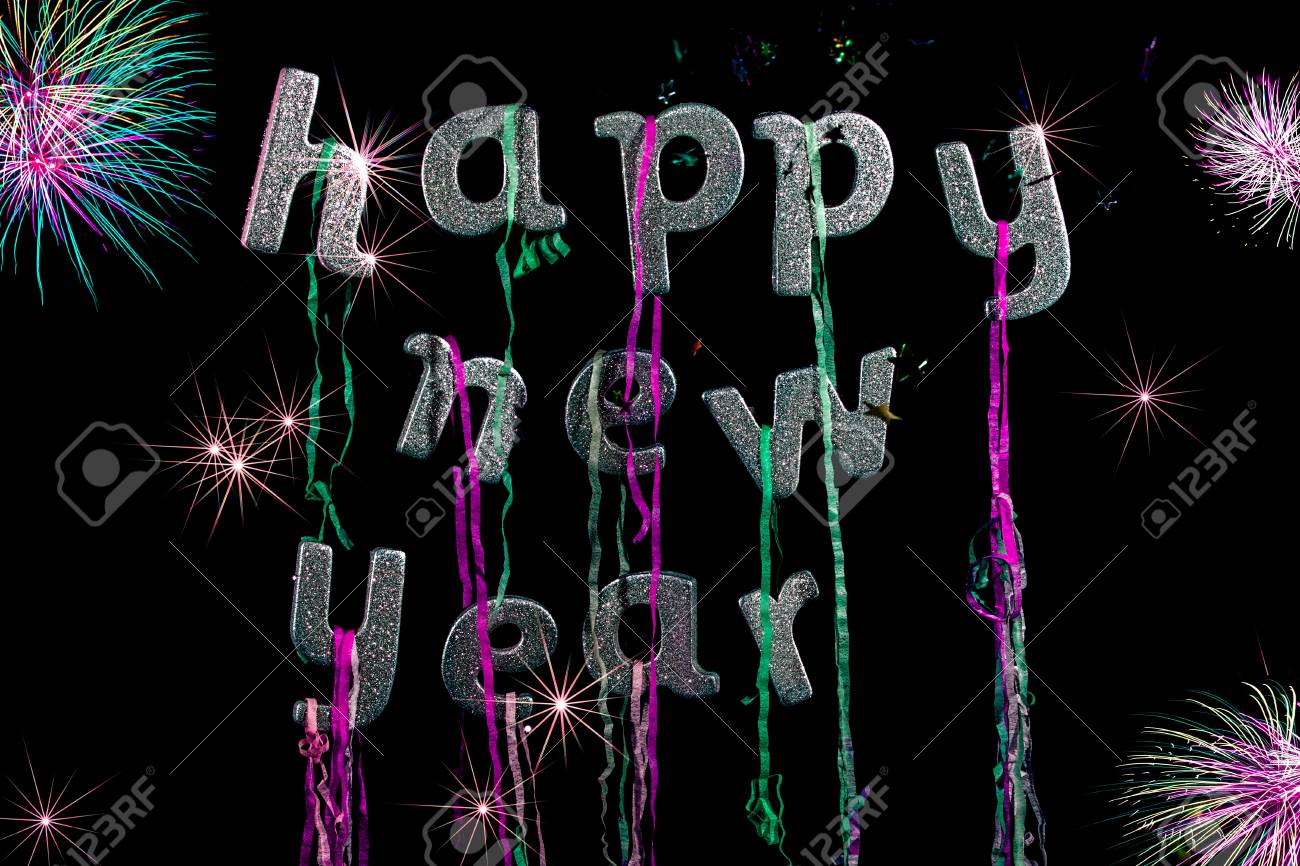 happy new year party sliver glitter text with fireworks greeting sparkly text