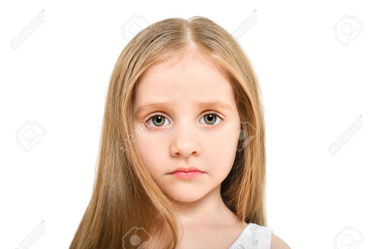 Portrait Of A Beautiful Sad Little Girl, Closeup, Isolated On White  Background Stock Photo, Picture And Royalty Free Image. Image 150448186.