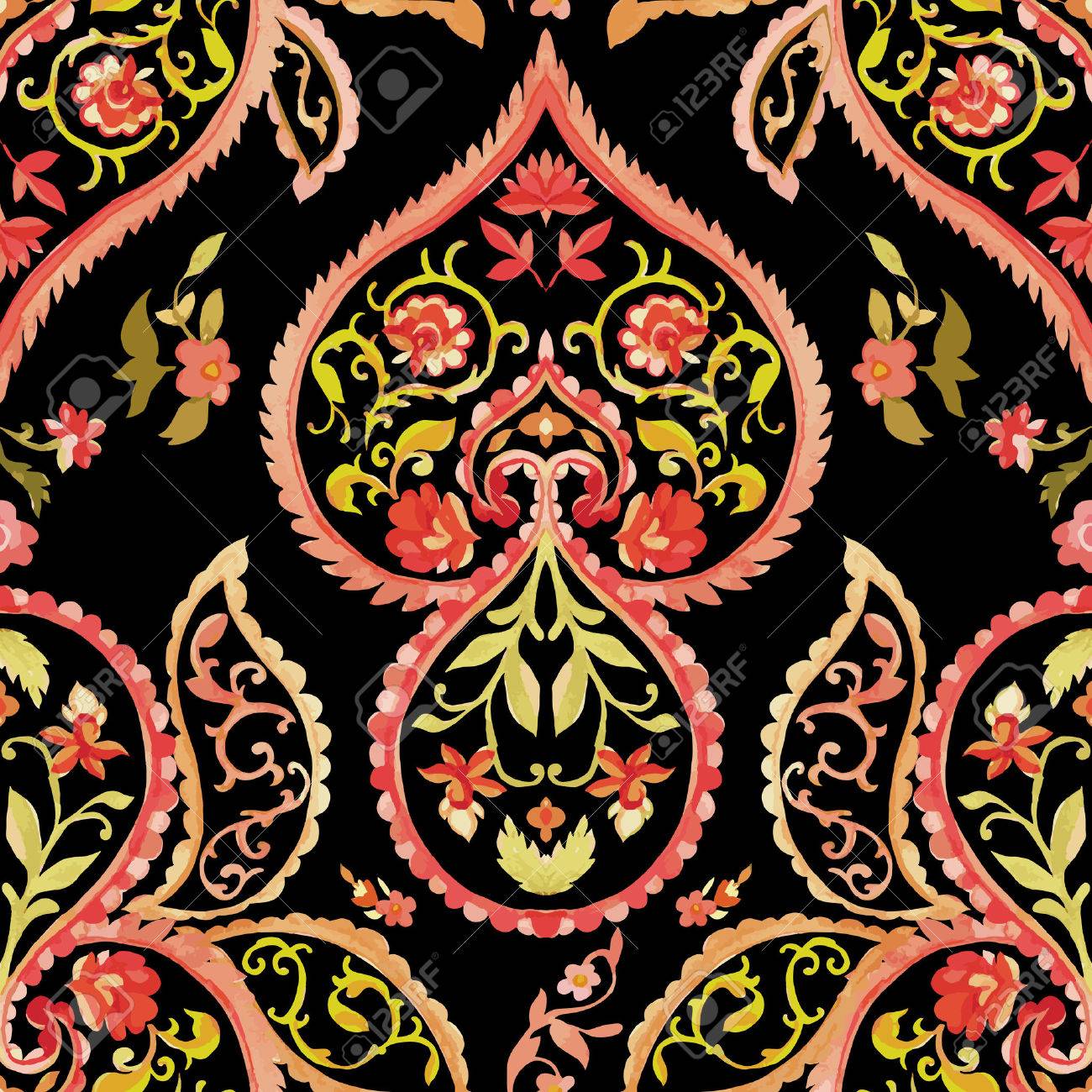 Watercolor Paisley Seamless Pattern Warm Colors Indian Persian Or Turkish Art Vector Watercolor Paisley Seamless Pattern Warm Colors Indian Persian Or Turkish Art Vector