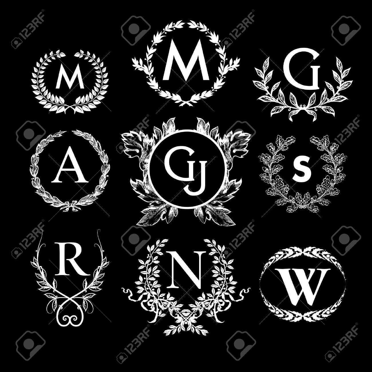 set of monochrome luxury monograms labels laurel wreaths or