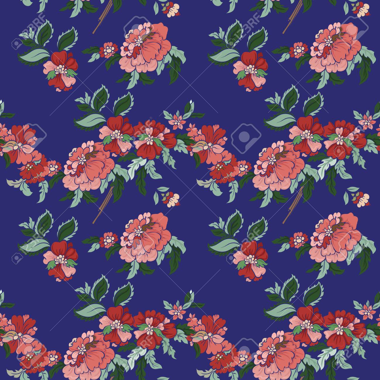 青を背景に美しい花柄シームレス パターン ベクトルの背景 花と葉 のイラスト素材 ベクタ Image