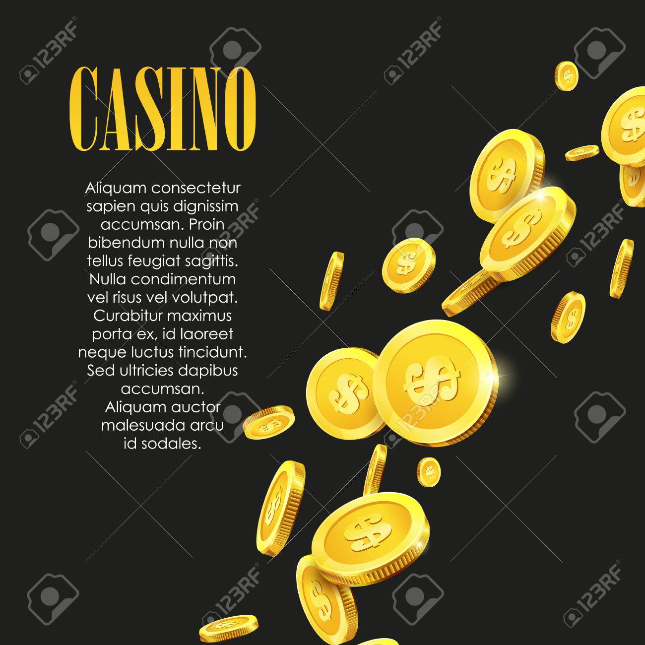 Casino Poster Background or Flyer with Golden Money Coins. Vector Template. Casino Banner. Casino Games Gambling Template background. - 57563086 Casino Poster Background or Flyer with Golden Money Coins. Vector Template. Casino Banner. Casino Games Gambling Template background. - 57563086