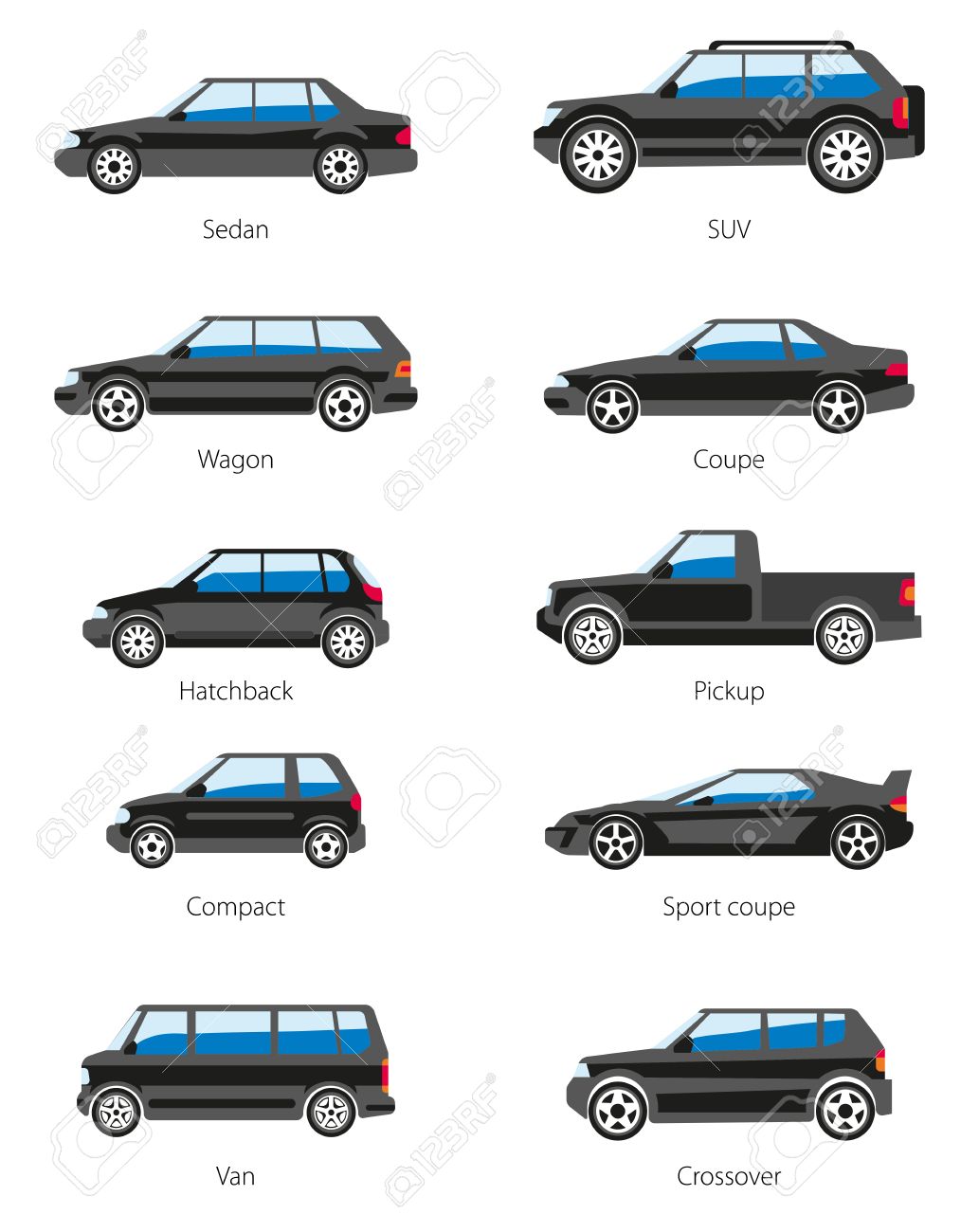 黒い色で車体のベクトルを設定します 別の車の種類アイコン セダン Suv ワゴン クーペ ハッチバック ピックアップ コンパクト スポーツ クーペ バン クロス オーバー フラット スタイル 白で隔離 のイラスト素材 ベクタ Image