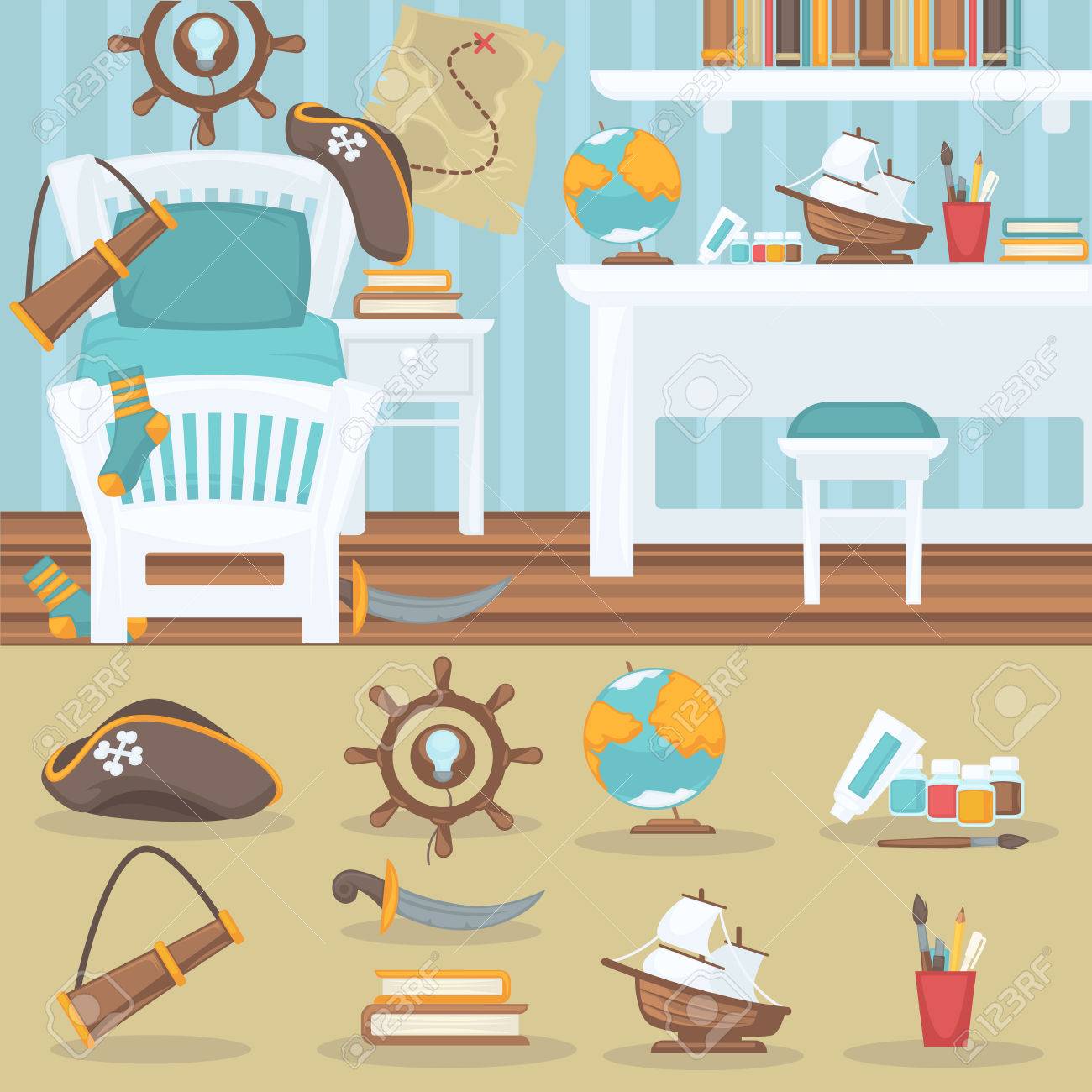 少年の子供ベッドルームのインテリア 海賊ベビールーム家具とおもちゃ フラット スタイルで子供のためのプレイルーム ベクトル図 のイラスト素材 ベクタ Image