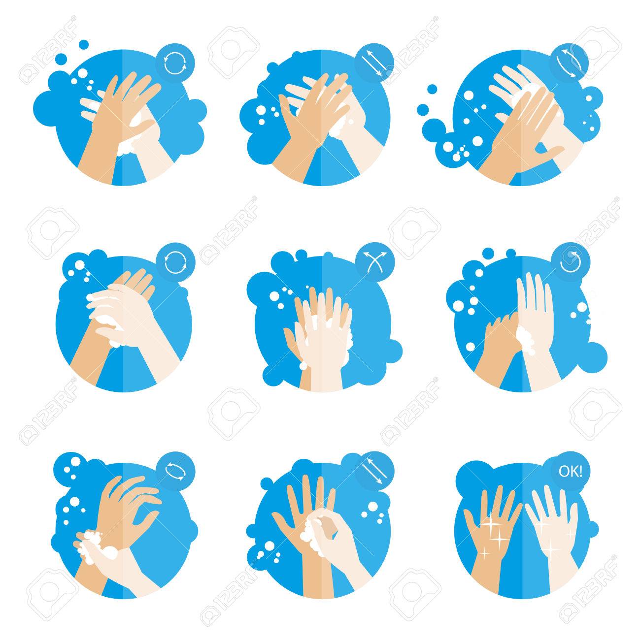 Washing hands properly - medical instructions for health. Clean hygiene procedure with soap. Set of fat icons. Isolated vector illustrations - 64471003 Washing hands properly - medical instructions for health. Clean hygiene procedure with soap. Set of fat icons. Isolated vector illustrations - 64471003