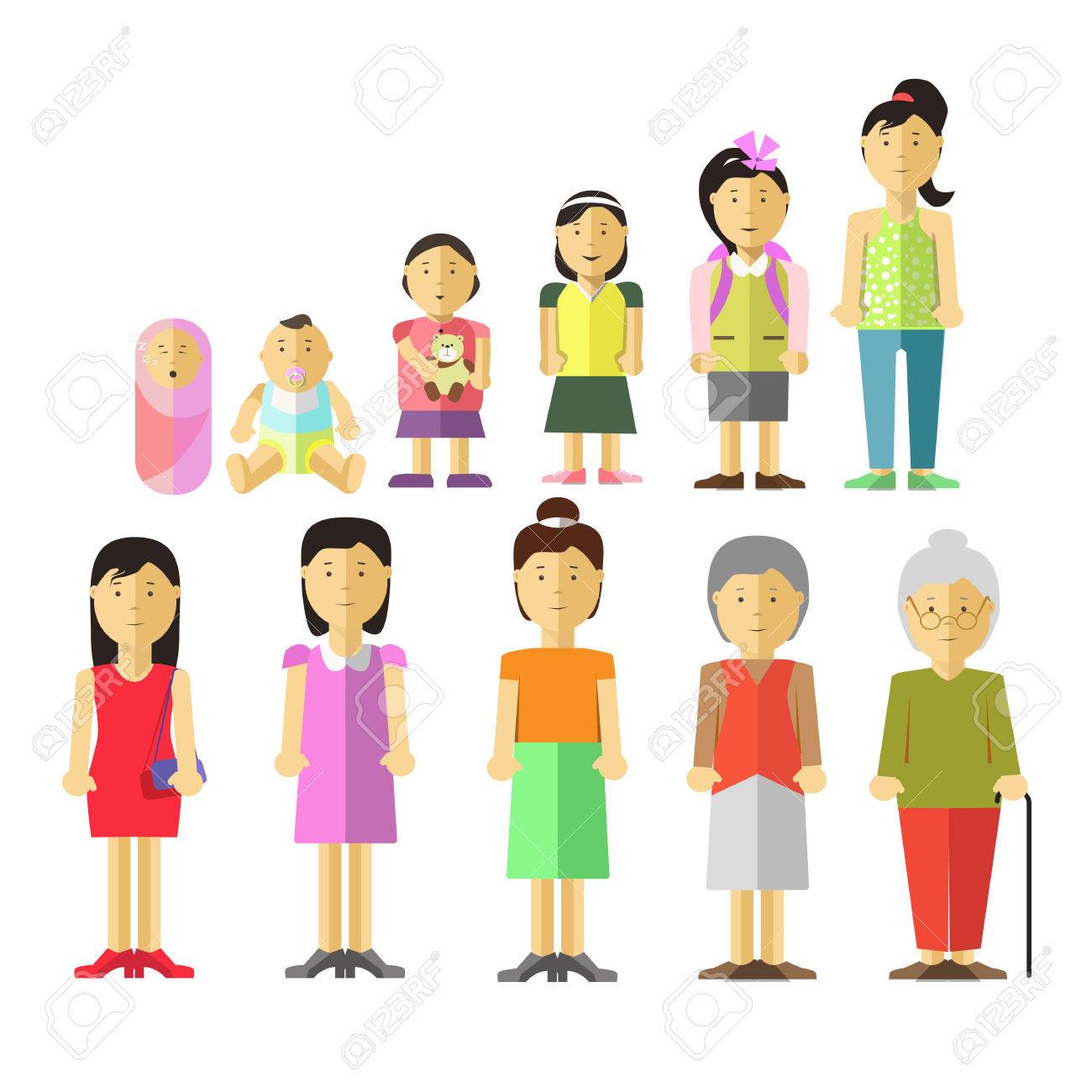 老後に子供の頃から生活のサイクル女性キャラクターの概念を高齢化 のイラスト素材 ベクタ Image