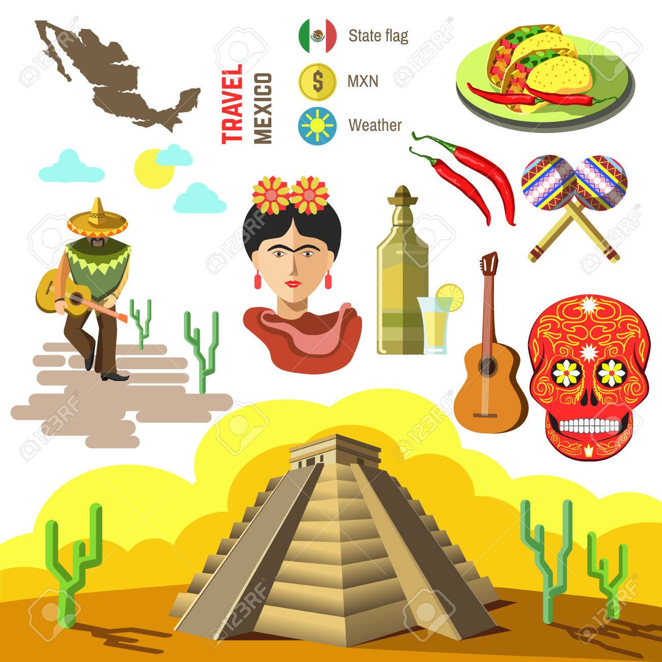 Set of Mexico travel symbols. Mexican flat illustrations. Collection icons tequila, chili and taco, sombrero, guitar and maracas, skull and Machu Picchu pyramid, Frida, flag and map. - 65361479 Set of Mexico travel symbols. Mexican flat illustrations. Collection icons tequila, chili and taco, sombrero, guitar and maracas, skull and Machu Picchu pyramid, Frida, flag and map. - 65361479