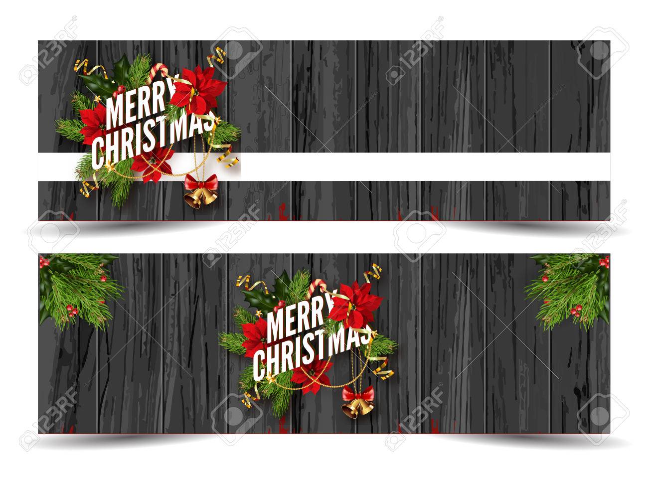 Merry Christmas Banners Web Emplatar. Diseño Para Su Invitación De Fiesta Con Ramas De Pino, Flores De La Navidad, Cascabeles Y El Muérdago O Bayas De Acebo En El Fondo De Madera. Merry Christmas Banners Web Emplatar. Diseño Para Su Invitación De Fiesta Con Ramas De Pino, Flores De La Navidad, Cascabeles Y El Muérdago O Bayas De Acebo En El Fondo De Madera.