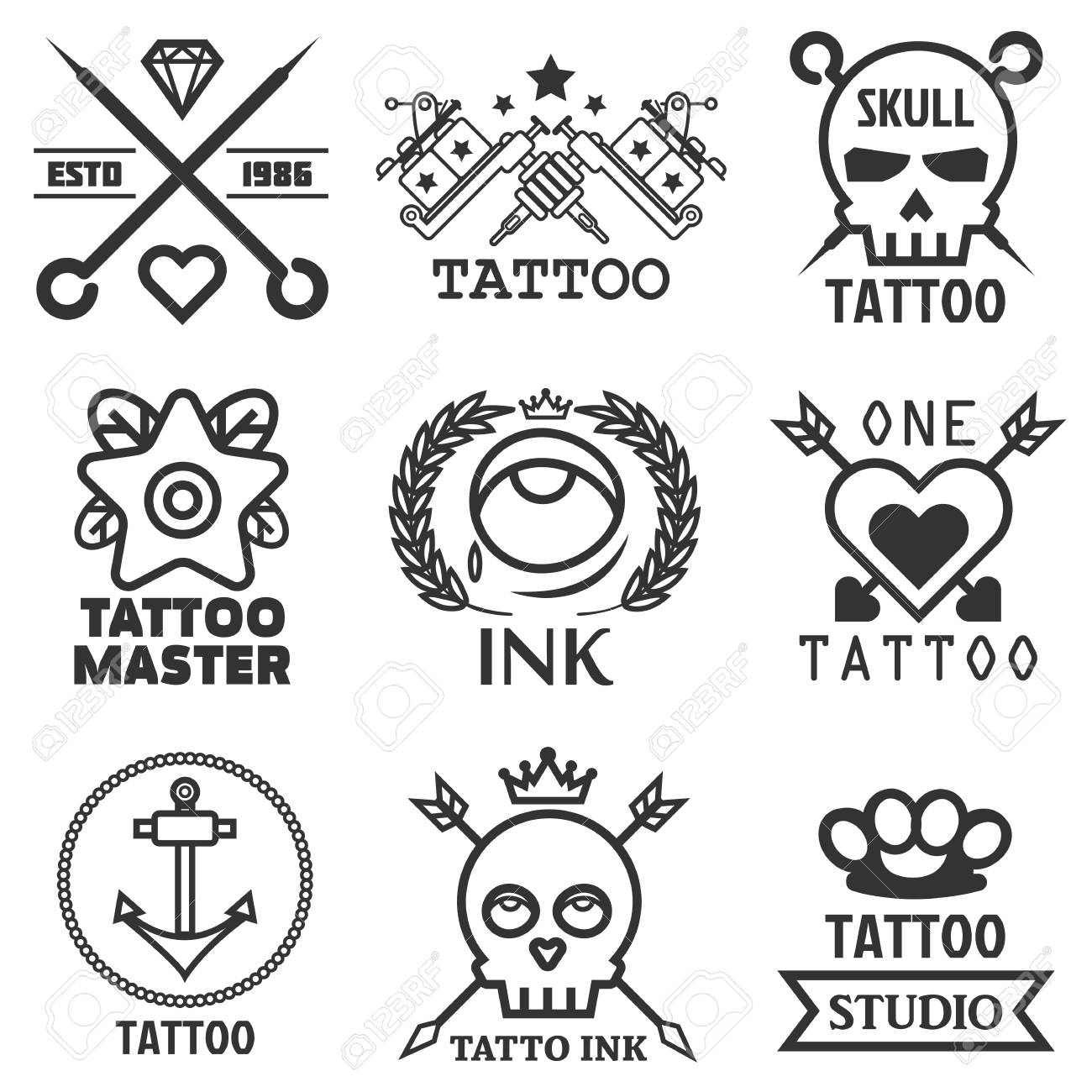 Tattoo Studio Salon Vektor Icon Vorlagen Schadel Herz Anker Lizenzfrei Nutzbare Vektorgrafiken Clip Arts Illustrationen Image 73133329