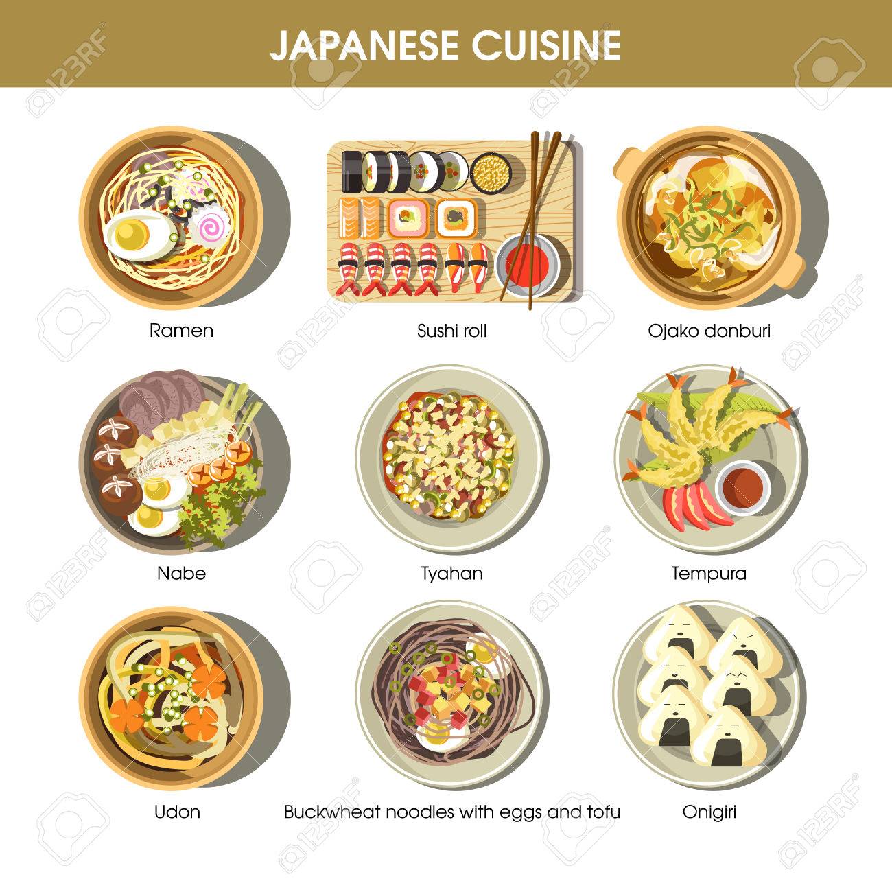 Japanese cuisine traditional dishes vector flat icons set - 73141997 Japanese cuisine traditional dishes vector flat icons set - 73141997