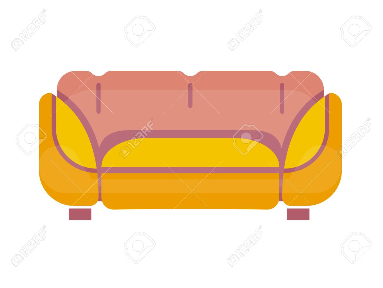 Il Sofà Nei Colori Gialli E Rosa Si Leva In Piedi Sulle Piccole Gambe Isolate Su Bianco Confortevole E Morbido Posto Per La Seduta In Salotto O