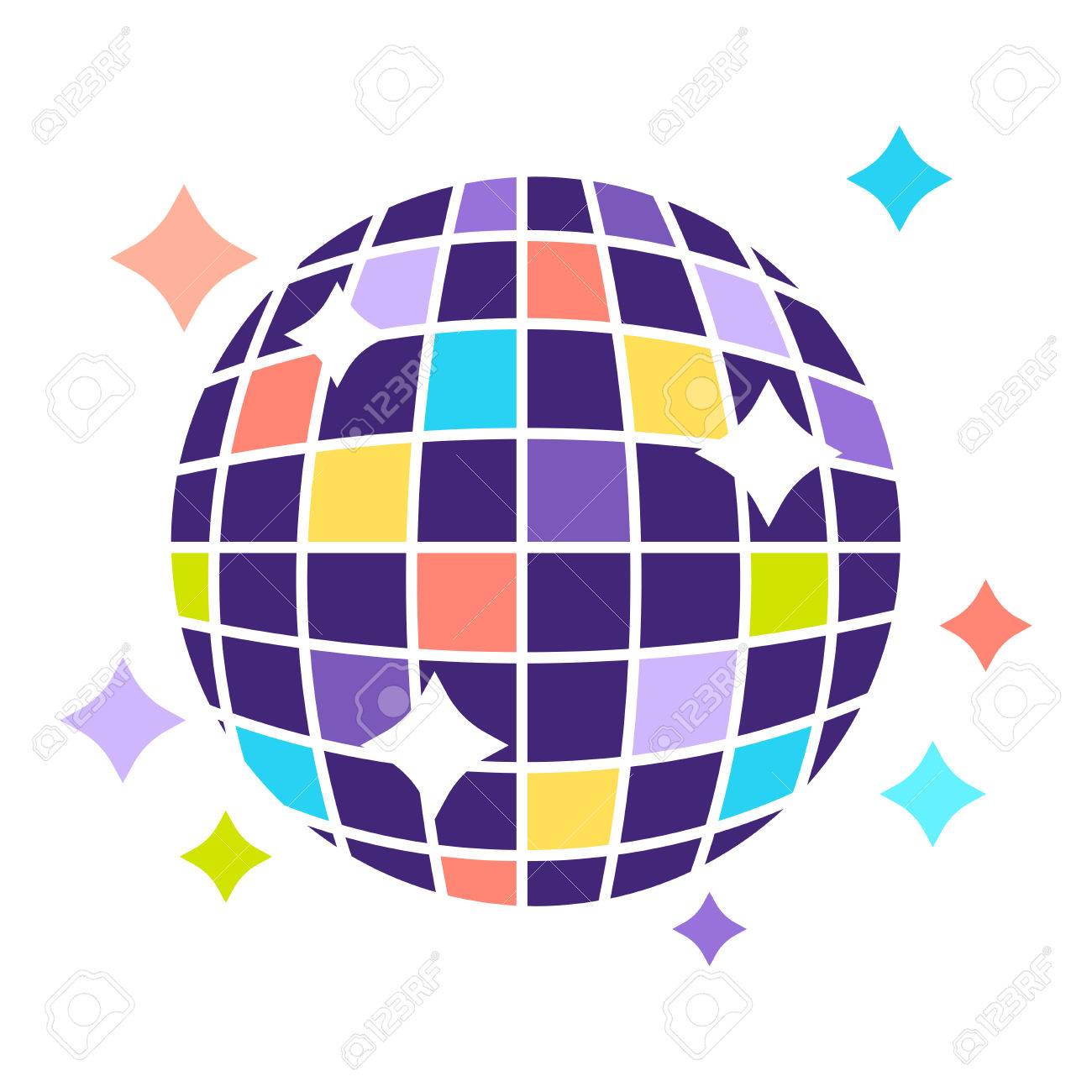 小さなカラフルな正方形の明るい輝きを含み 星ディスコ ボールは 白の背景にベクトル画像を分離しました 踊る夜装飾天井とターンがハングします のイラスト素材 ベクタ Image