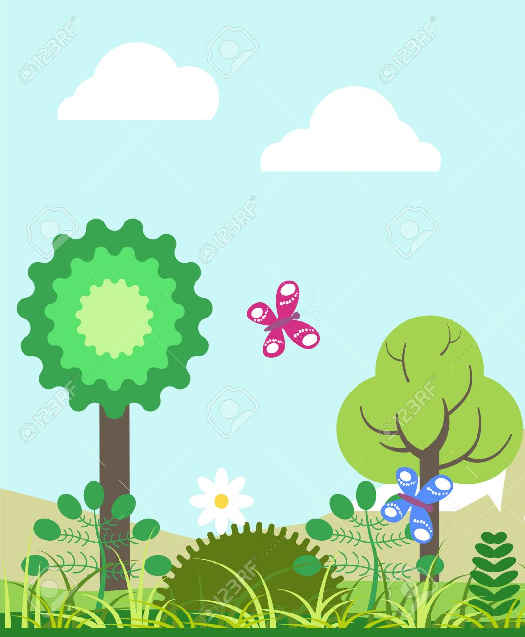 緑の木々 とカラフルな蝶の夏の風景のイラスト素材 ベクタ Image 緑の木々 とカラフルな蝶の夏の風景のイラスト素材 ベクタ Image