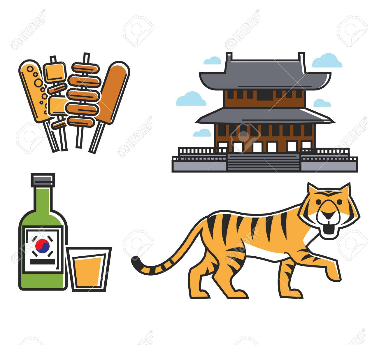軽食や伝統的な飲み物 虎と韓国寺院のベクトル イラスト のイラスト素材 ベクタ Image