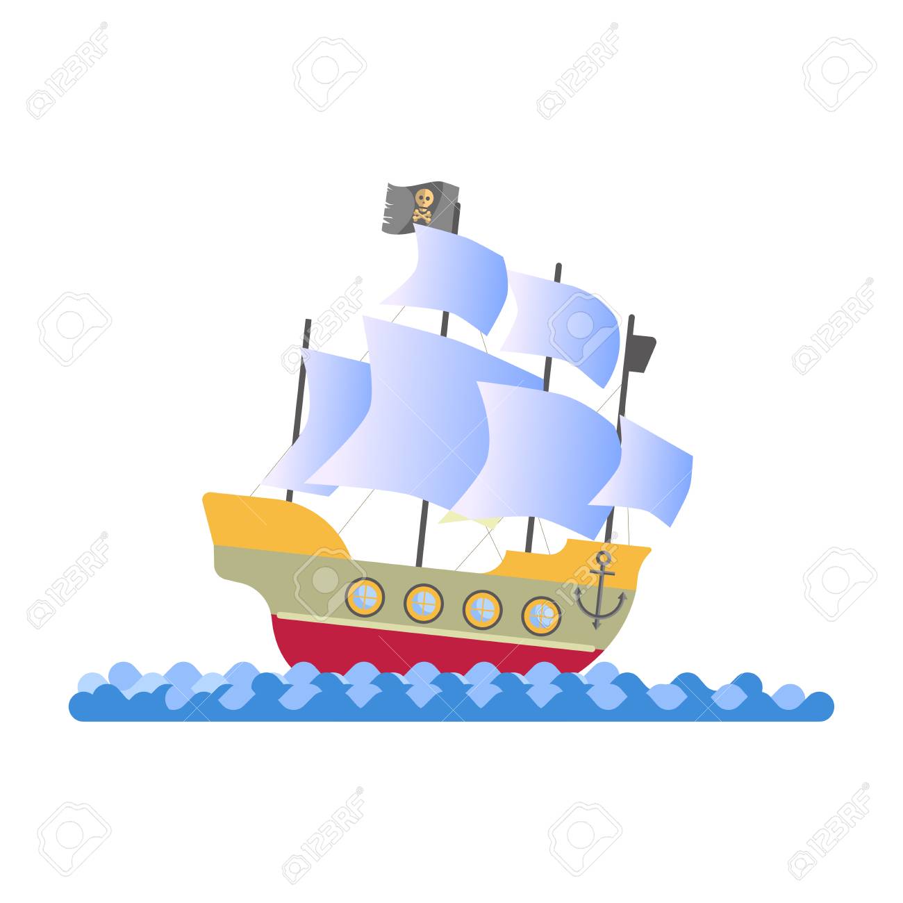 Ancient Pirate Ship With White Sails And Black Flag Royalty Free Cliparts Vectors And Stock Illustration Image