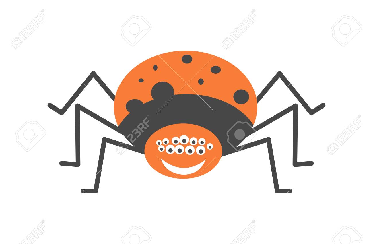 多くの目を持つ大きなクモは 脂肪オレンジ色の身体黒い斑点と白い歯と笑顔は 白の背景にベクトル画像を分離しました 昆虫の世界から幼稚な漫画のキャラクター のイラスト素材 ベクタ Image