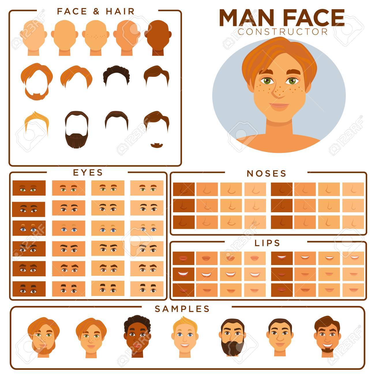 man face avatar constructor templates of male skin haircut and