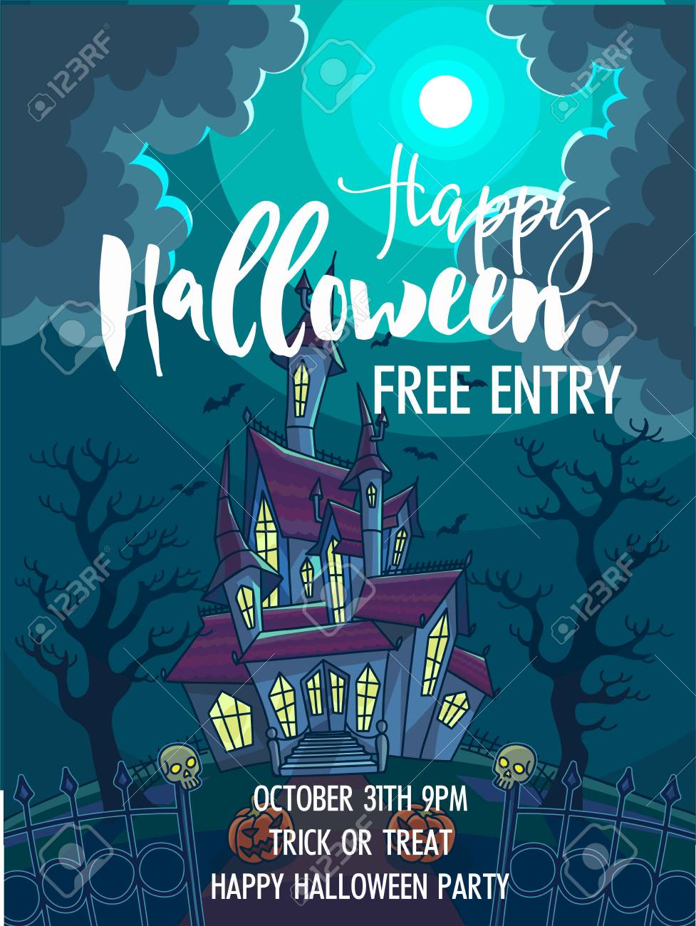 ハロウィンのトリックや御馳走パーティーのお祝いの招待状ポスターテンプレート 10月のハロウィンホリデーデザインのための怖い墓地の森の中に満月 お化け屋敷 の城と骸骨の頭蓋骨のベクトルデザインのイラスト素材 ベクタ Image ハロウィンのトリックや御馳走パーティーのお祝いの招待状ポスターテンプレート 10月のハロウィンホリデーデザインのための怖い墓地の森の中に満月 お化け屋敷 の城と骸骨の頭蓋骨のベクトルデザインのイラスト素材 ベクタ Image
