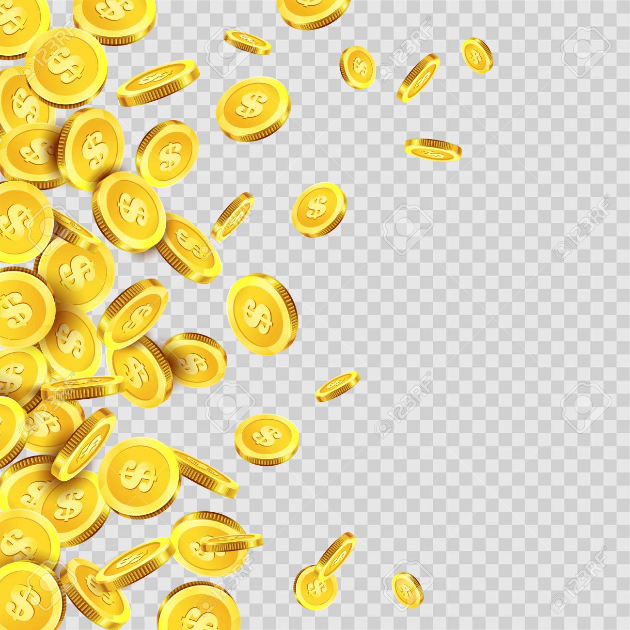 Gold coins rain falling or golden money dollar or cent metal coin on transparent background. Vector cash jackpot or fortune money fall splash - 85721576 Gold coins rain falling or golden money dollar or cent metal coin on transparent background. Vector cash jackpot or fortune money fall splash - 85721576