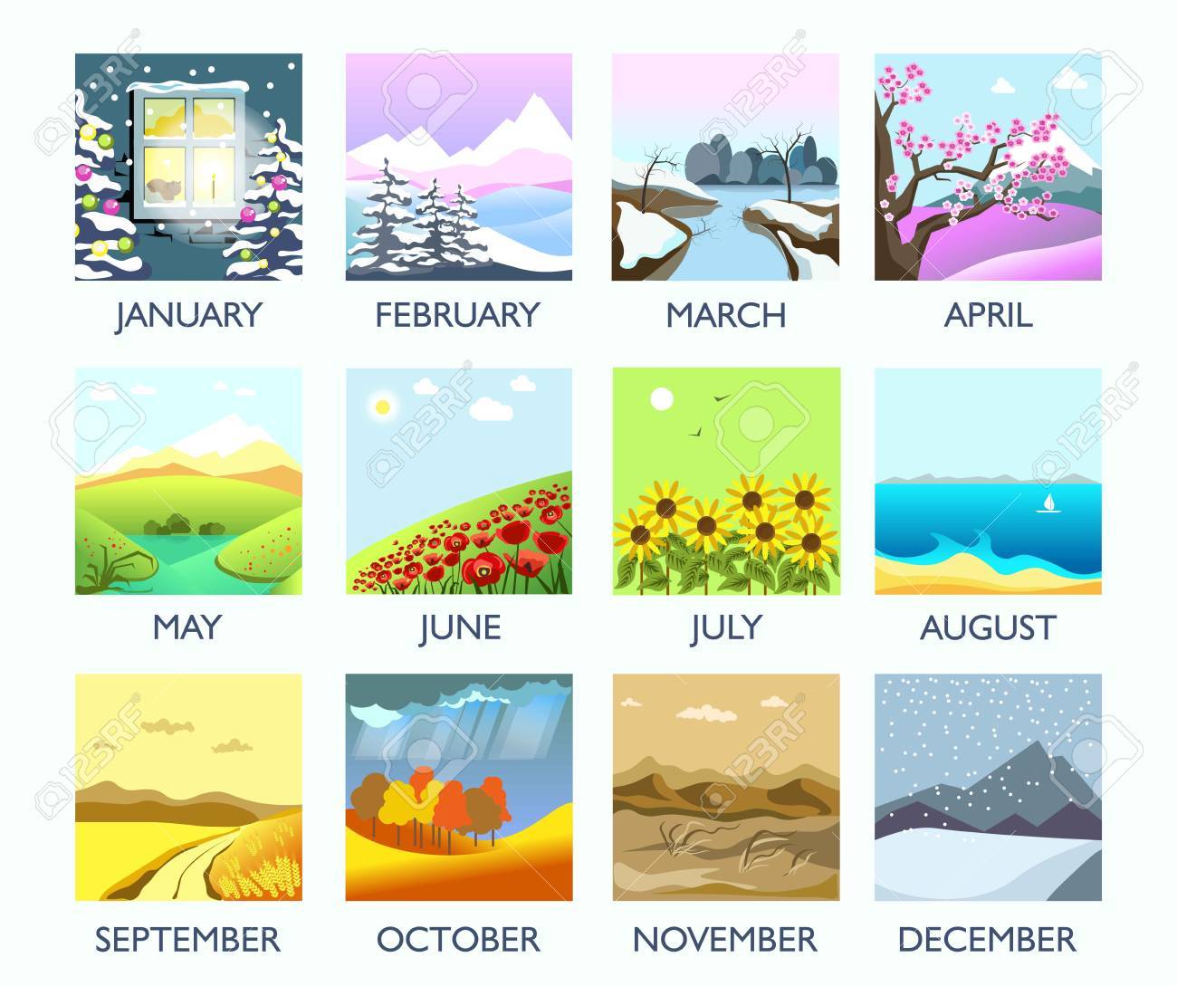 Four seasons month nature landscape winter, summer, autumn, spring vector flat scenery - 87000885 Four seasons month nature landscape winter, summer, autumn, spring vector flat scenery - 87000885