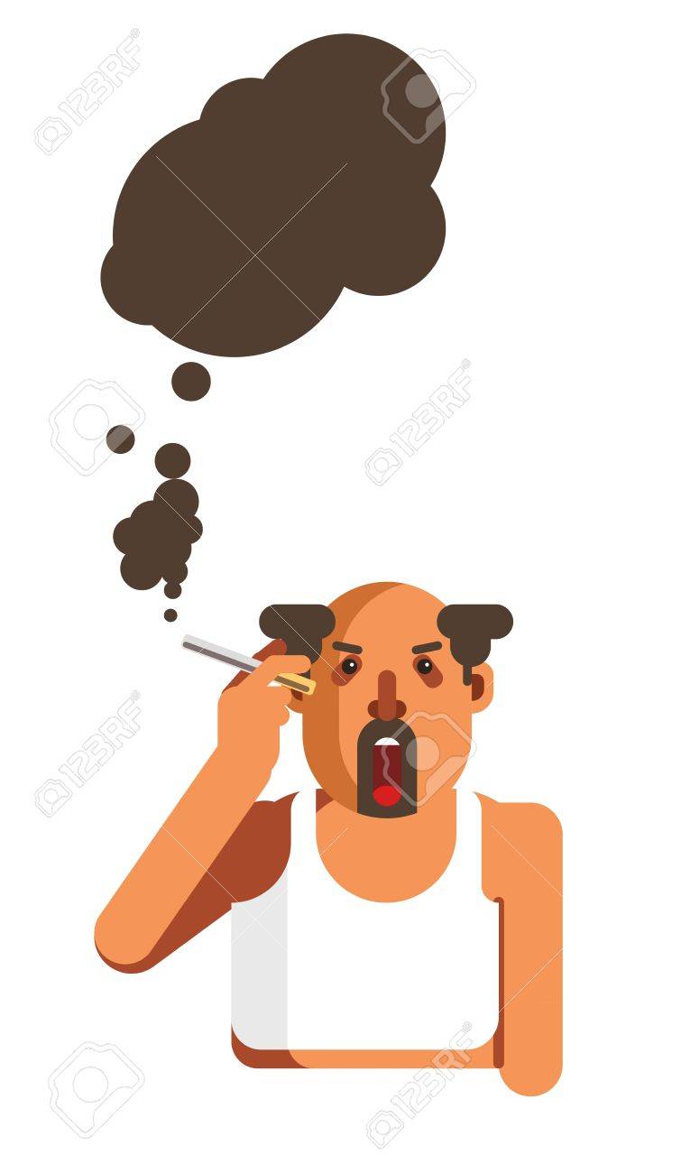 ひげと半分ハゲ男 タバコを吸うし 黒い煙を広げる のイラスト素材 ベクタ Image
