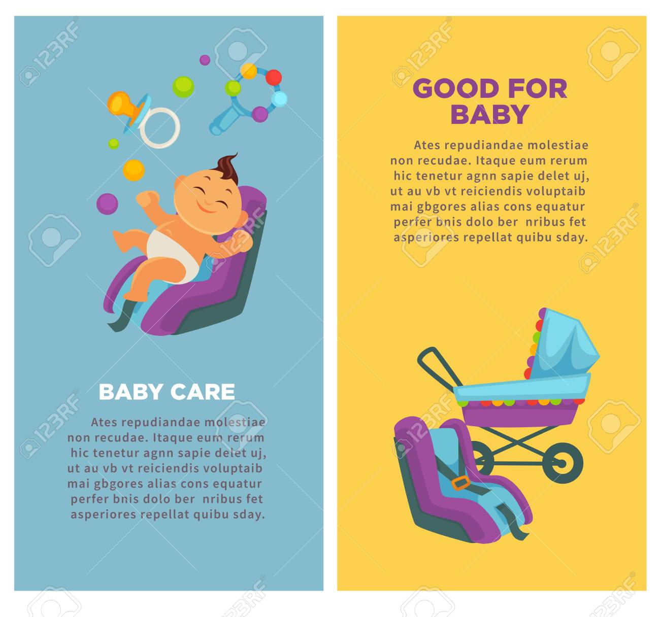 baby care and newborn child motherhood posters flat design of