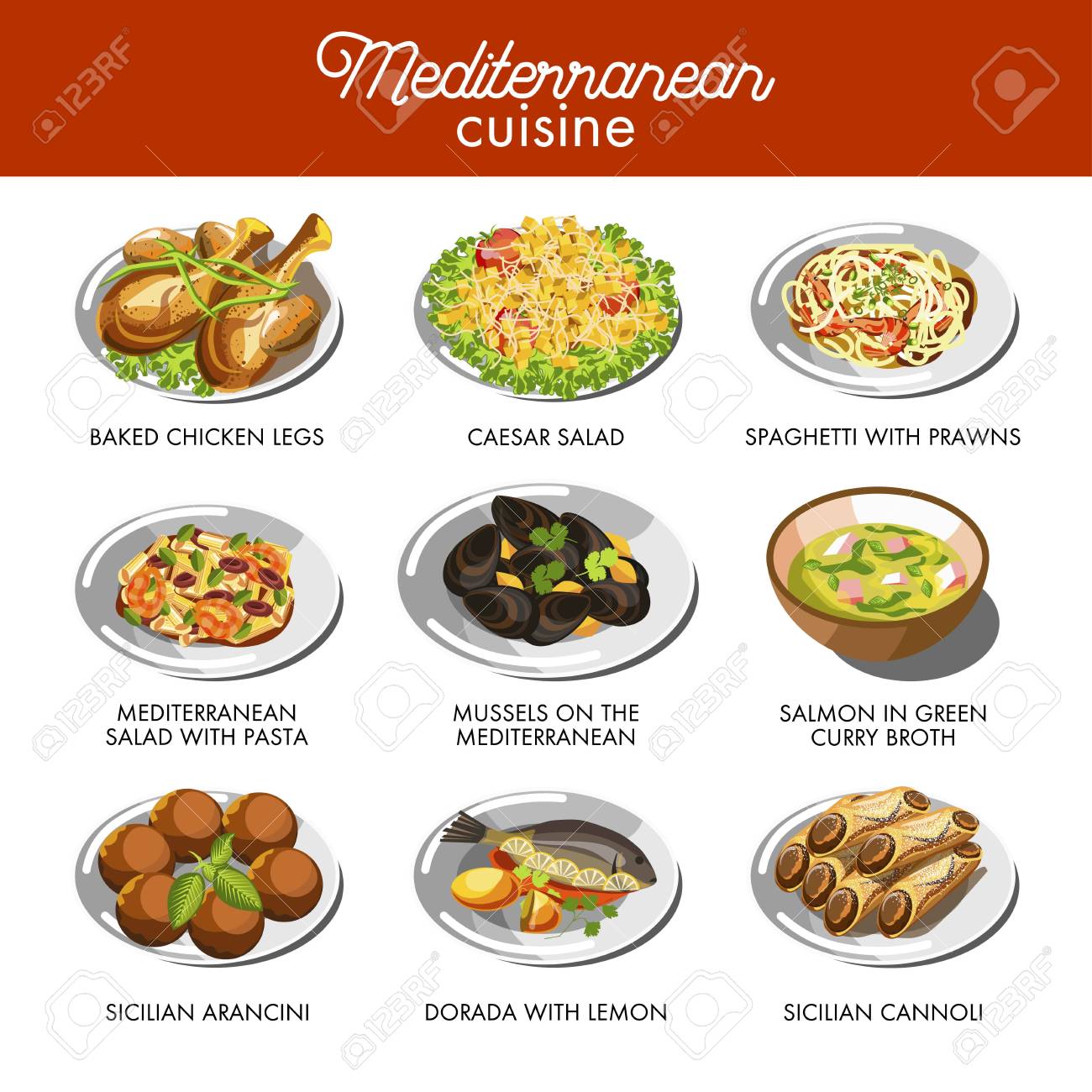 Mediterranean Cuisine Food Traditional Dishes Stock Vector Mediterranean Cuisine Food Traditional Dishes Stock Vector