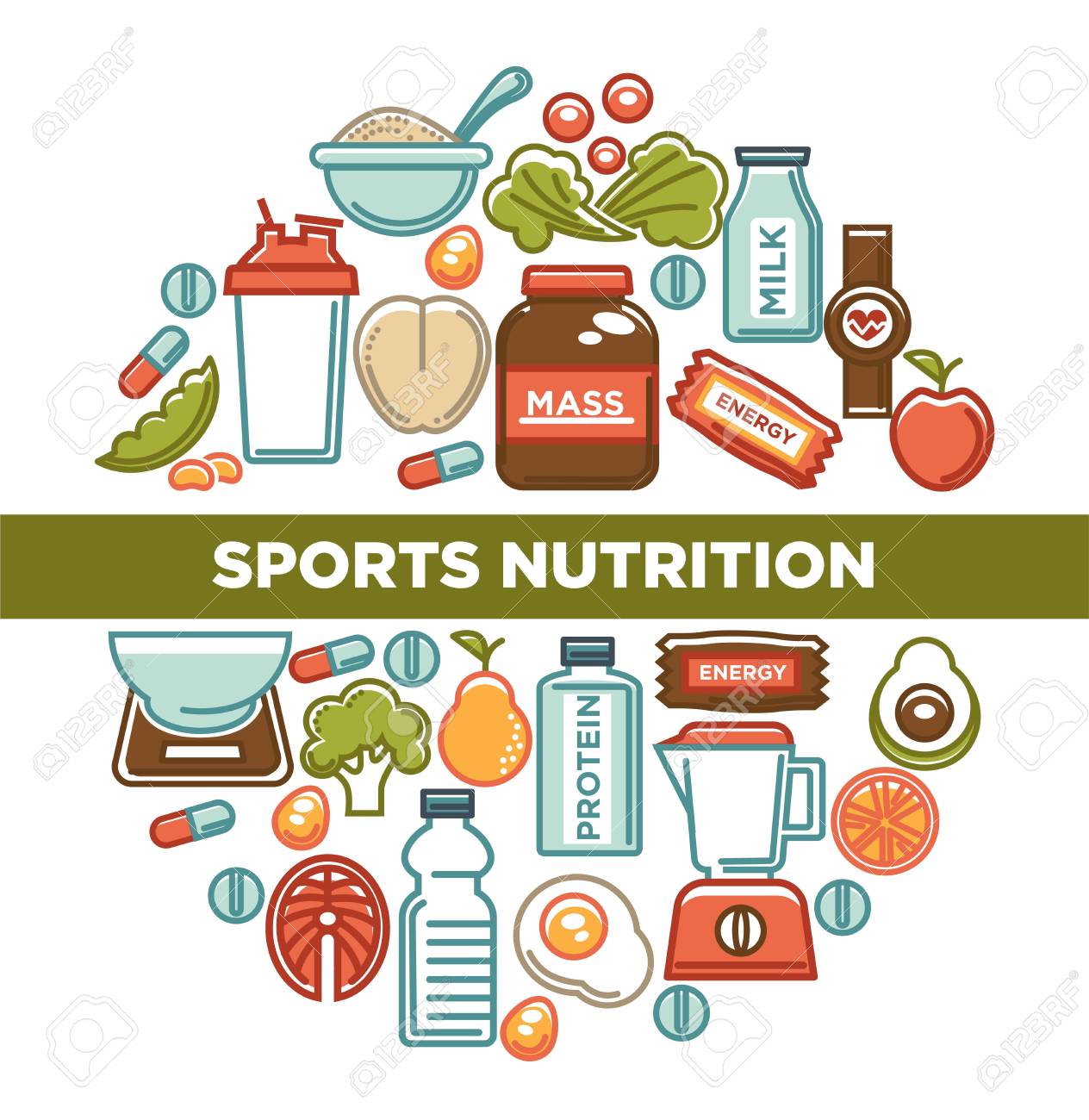 Fitness Food Poster Of Sports Healthy Diet Food Nutrition Icons Vector Flat Design Of Protein Drink
