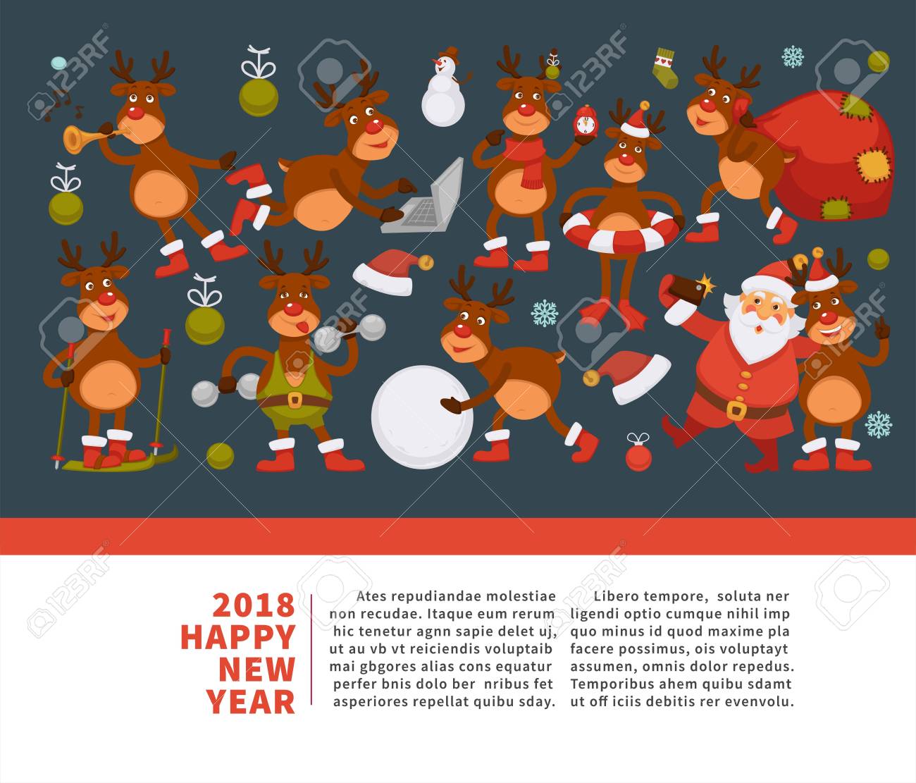 Joyeux Noel Et Bonne Annee 18 Affiche De Vecteur De Personnage Drole De Dessin Anime De Cerf Ou De Renne Celebrant Les Vacances Carte De Voeux De Vecteur De Chien En Bonnet