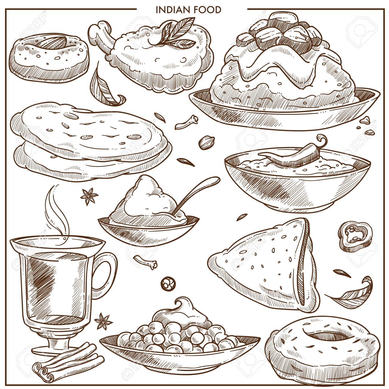 インドのスパイシーなエキゾチックな食べ物モノクロイラストセットのイラスト素材 ベクタ Image インドのスパイシーなエキゾチックな食べ物モノクロイラストセットのイラスト素材 ベクタ Image