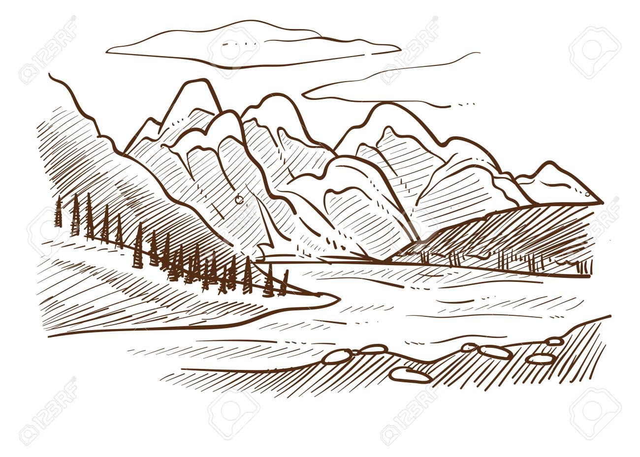 Landscape Mountains And River Forest And Hills Valley Sketch ...