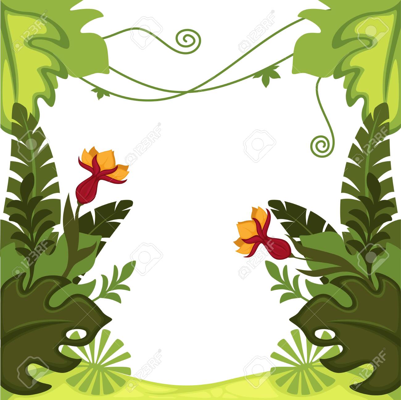 Jungle Or Rainforest Plants And Trees With Lianas Vector Frame - 