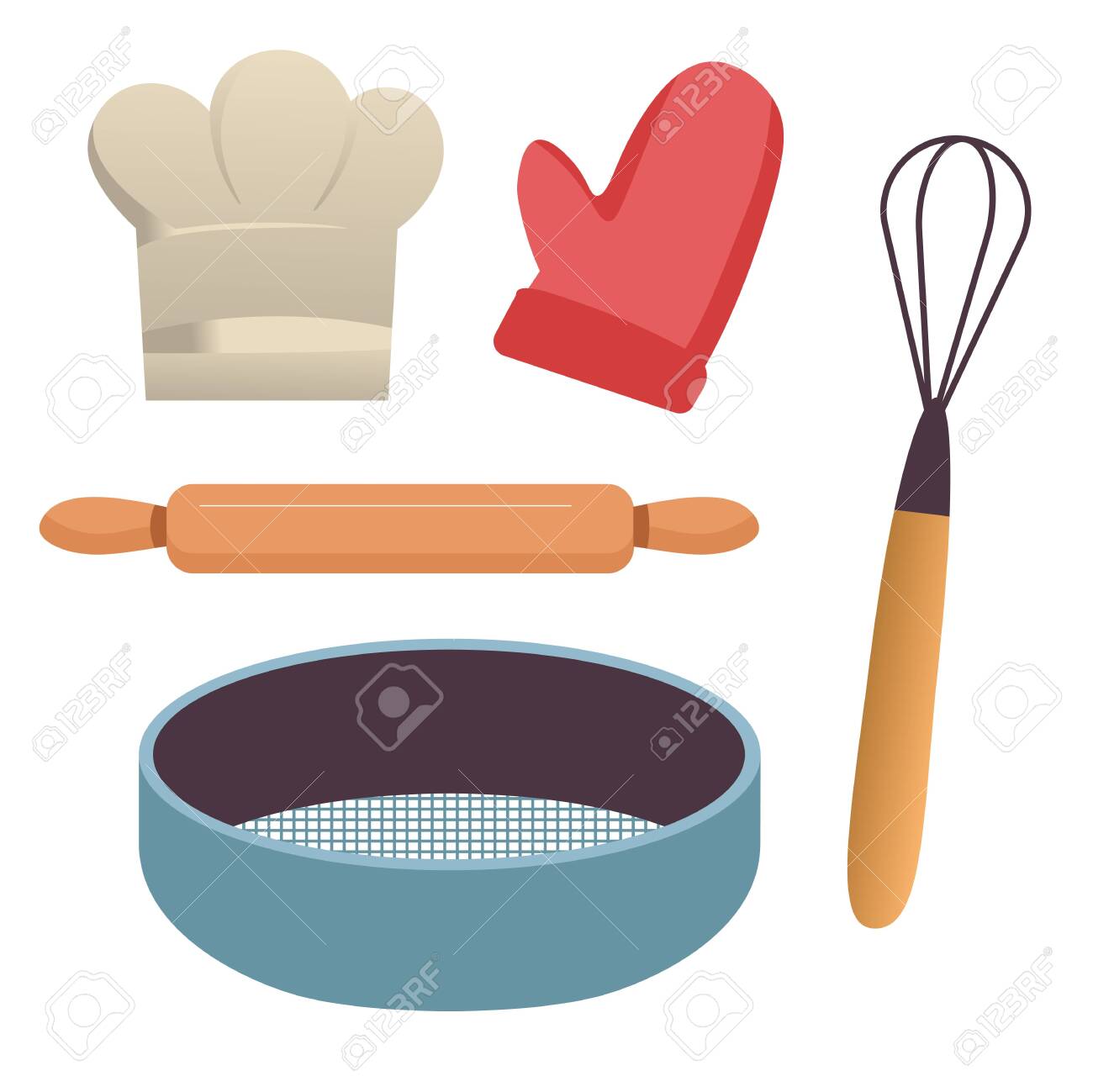 Baking tools, kitchen equipment, sieve and rolling pin, whisk and potholder - 141863328 Baking tools, kitchen equipment, sieve and rolling pin, whisk and potholder - 141863328