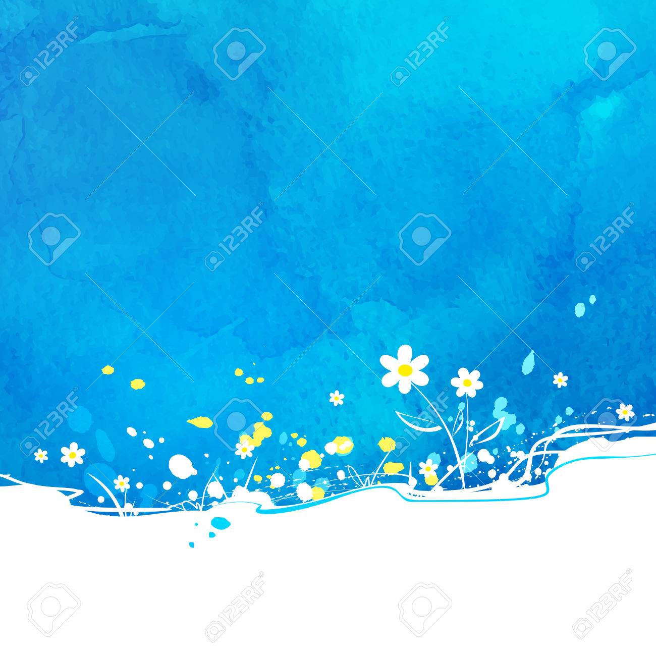 Blue vector background with flowers and watercolor texture. - 43123794 Blue vector background with flowers and watercolor texture. - 43123794