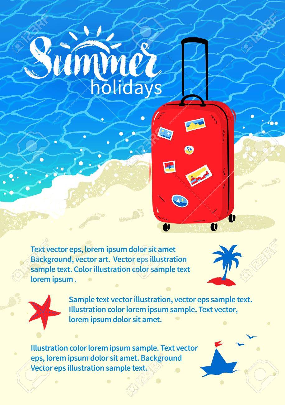 summer vacation flyer design with travel bag and sea coast vacation flyer