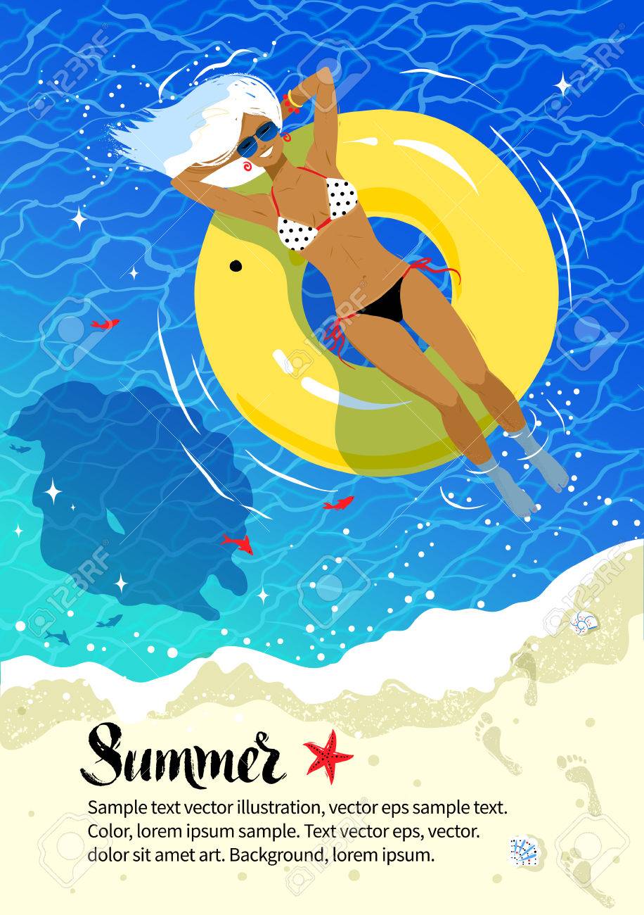 summer vacation flyer design with young woman resting on yellow vacation flyer