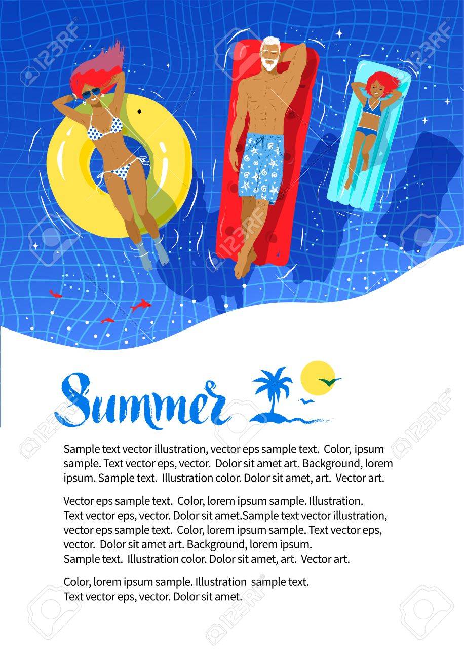 summer vacation flyer design with happy family floating on rubber