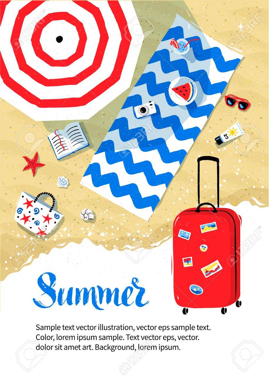 summer vacation flyer design with top view of parasol and beach vacation flyer