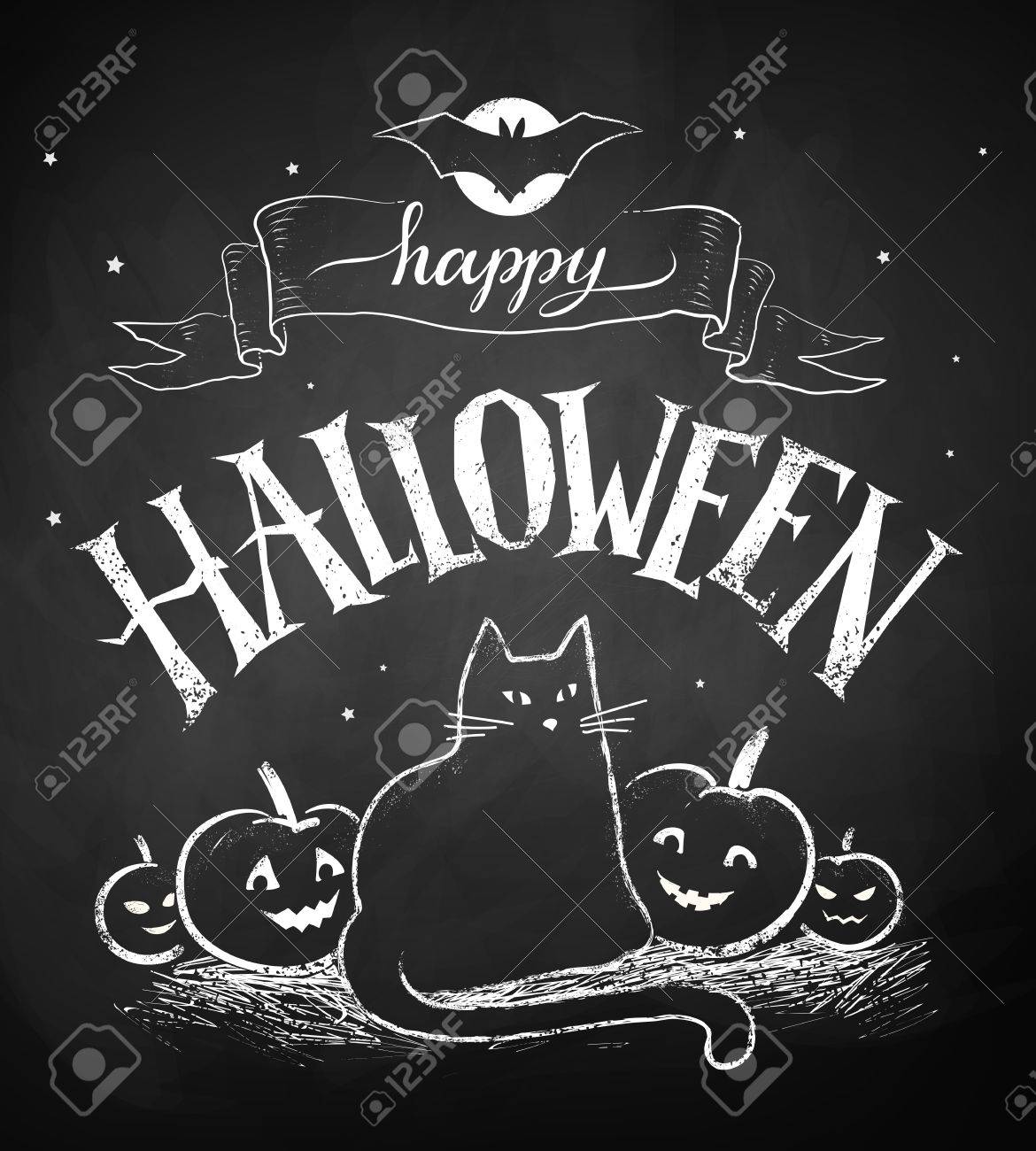 チョークは 黒板背景上に黒猫とカボチャ ハッピーハロウィンはがきの描画します のイラスト素材 ベクタ Image