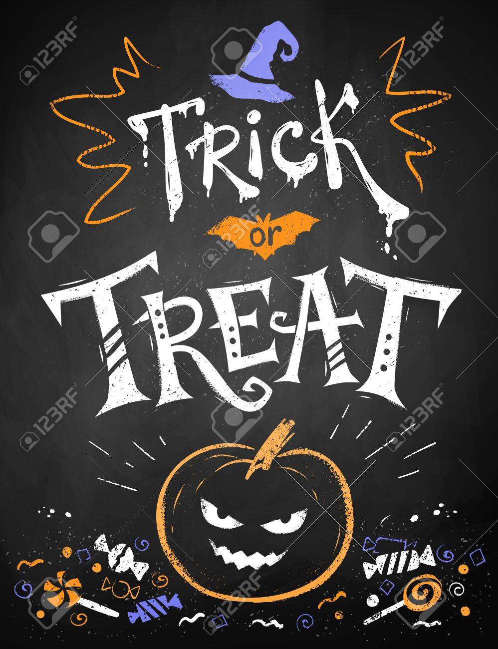 色チョーク カボチャと黒板の背景にキャンディーの描かれたトリックや治療ハロウィーンのポスターです のイラスト素材 ベクタ Image