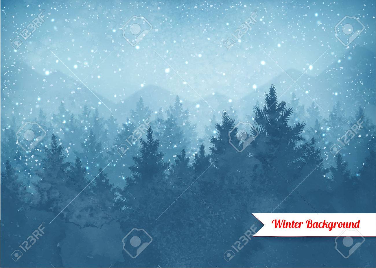 Winter landscape background with falling snow and spruce forest and mountains silhouette. - 64994177 Winter landscape background with falling snow and spruce forest and mountains silhouette. - 64994177