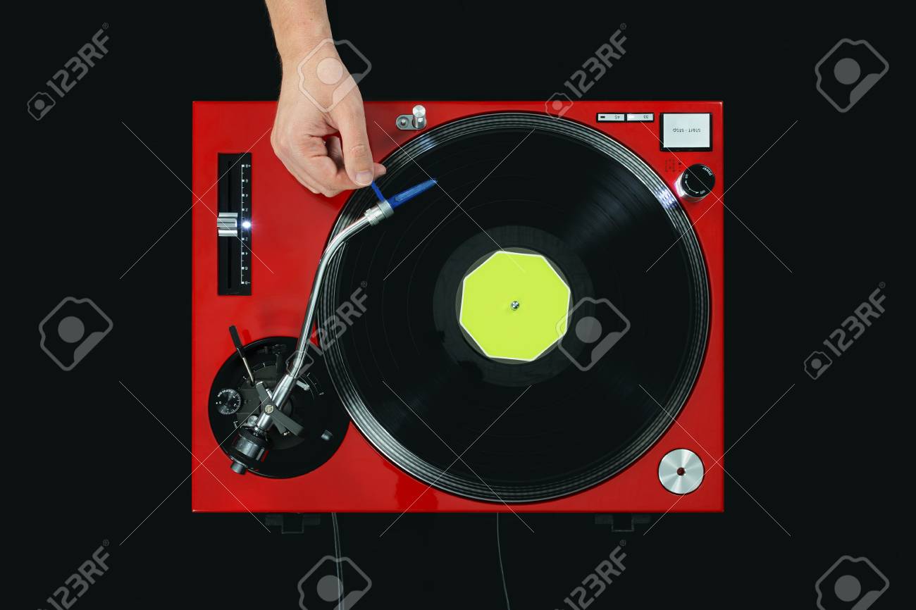 DJ Turntable Playing Music With Hand. Top View Stock Photo, Picture and  Royalty Free Image. Image 80112917.