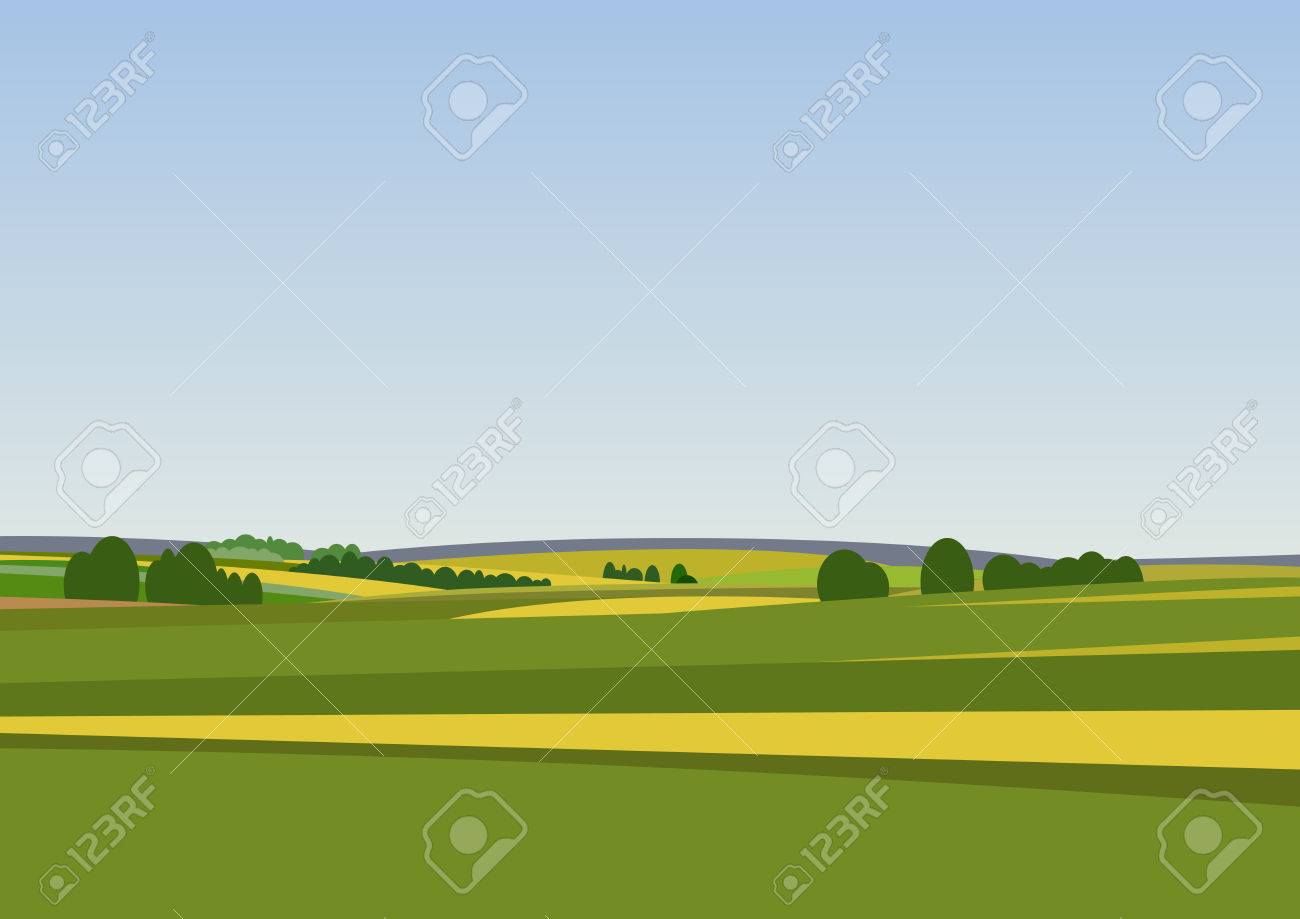 Green landscape with yellow fields. Lovely rural nature. Unlimited space. Vector illustration. - 54789426 Green landscape with yellow fields. Lovely rural nature. Unlimited space. Vector illustration. - 54789426