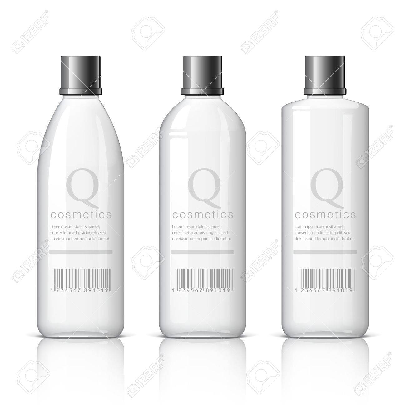 白い背景に黒い蓋と現実的な化粧品ボトルのセットします シャンプー 接着剤のパッケージのコレクションです ブランド テンプレート セットをモックアップします ベクトル イラスト のイラスト素材 ベクタ Image