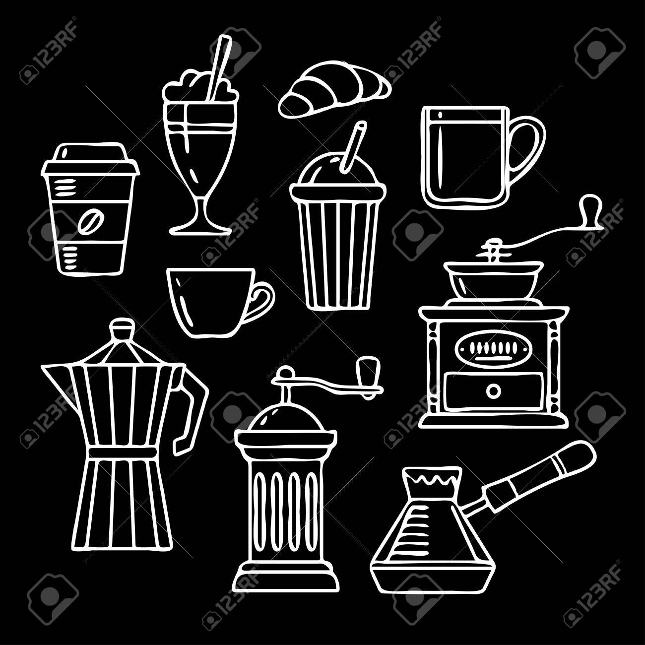 手描きのコレクションです カップ コーヒー クロワッサン コーヒー ミル ポット カップ ラテとベクター スケッチ図を設定します ベクトルの図 の イラスト素材 ベクタ Image