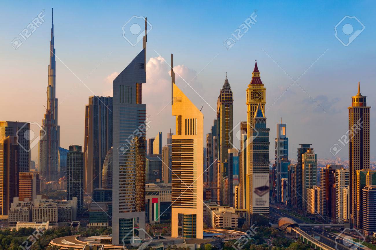 a skyline view of dubai uae showing the buildings of sheikh stock