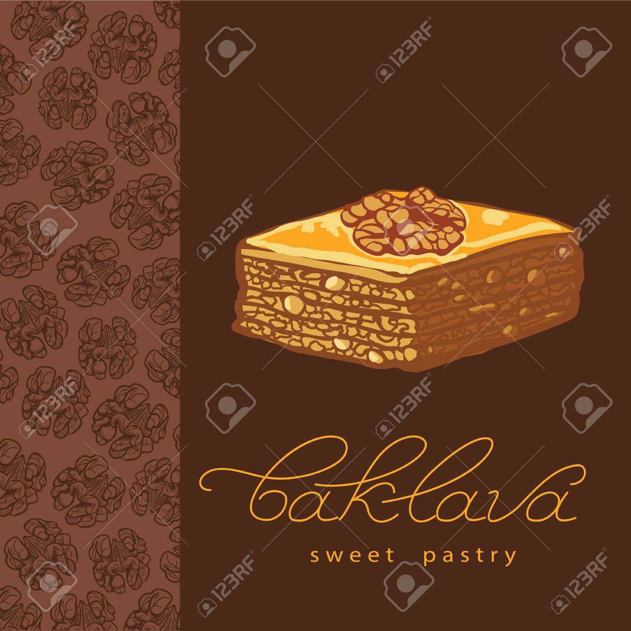 バクラヴァはトルコ ナッツのパターンにバクラヴァのベクトル イラストの甘いお菓子です 食品イラスト デザイン メニューのカフェ看板 手書きレタリングします のイラスト素材 ベクタ Image