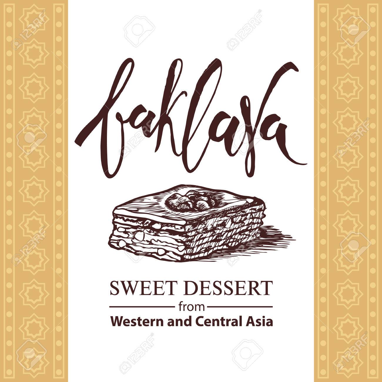 バクラヴァは アジアの伝統的なパターンとバクラヴァのベクトル図から甘いデザートです 食品イラスト デザイン メニューのカフェ看板 手書きレタリングします スケッチ のイラスト素材 ベクタ Image バクラヴァは アジアの伝統的なパターンとバクラヴァのベクトル図から甘いデザートです 食品イラスト デザイン メニューのカフェ看板 手書きレタリングします スケッチ のイラスト素材 ベクタ Image