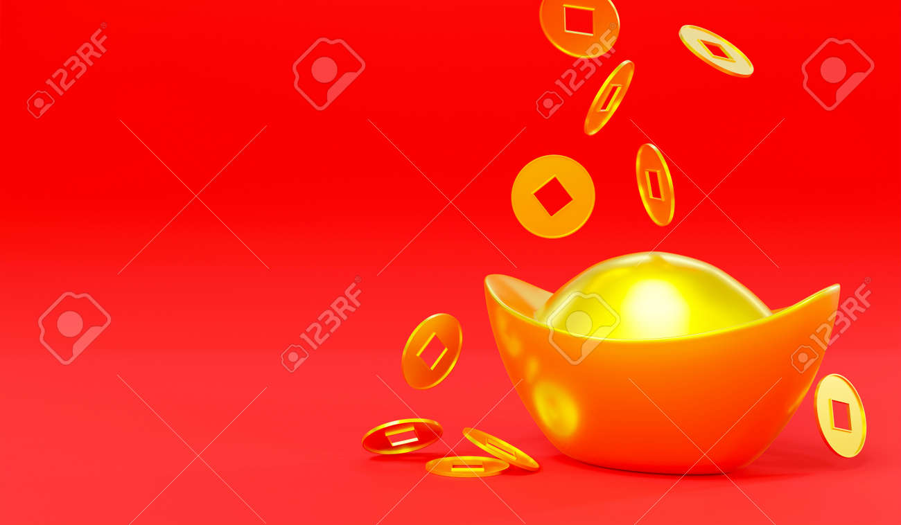 旧正月おめでとう。ウェブデザインの赤い背景アイコンにリアルな元宝中国の金銀錠のインゴットとコイン、風水シンボル新年の幸運な贈り物、黄金の古代中国のお金の3Dレンダリングの写真素材・画像素材  Image 178615122
