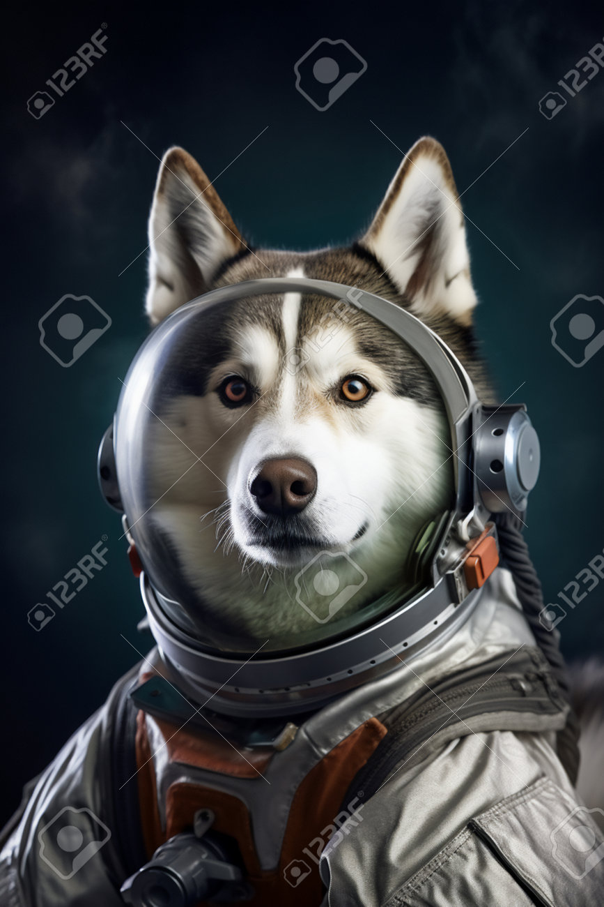 Siberian Husky Dog In Astronaut Helmet On Dark Background. Generative AI.  Stock Photo, Picture and Royalty Free Image. Image 212567403., image size:867x1300